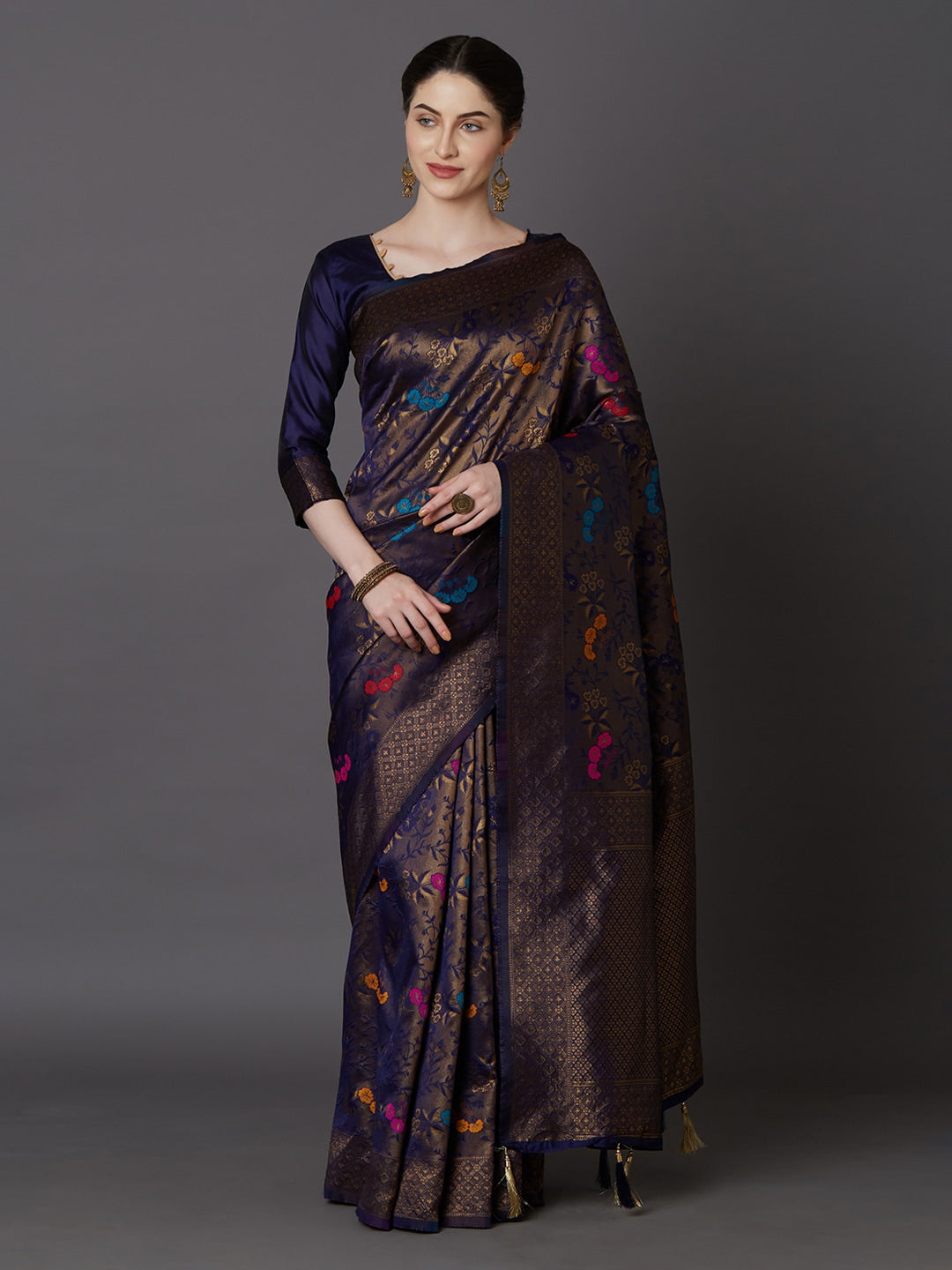 Mitera Navy Blue & Gold-Coloured Silk Blend Woven Design Kanjeevaram Saree - Distacart