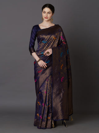 Mitera Navy Blue & Gold-Coloured Silk Blend Woven Design Kanjeevaram Saree - Distacart