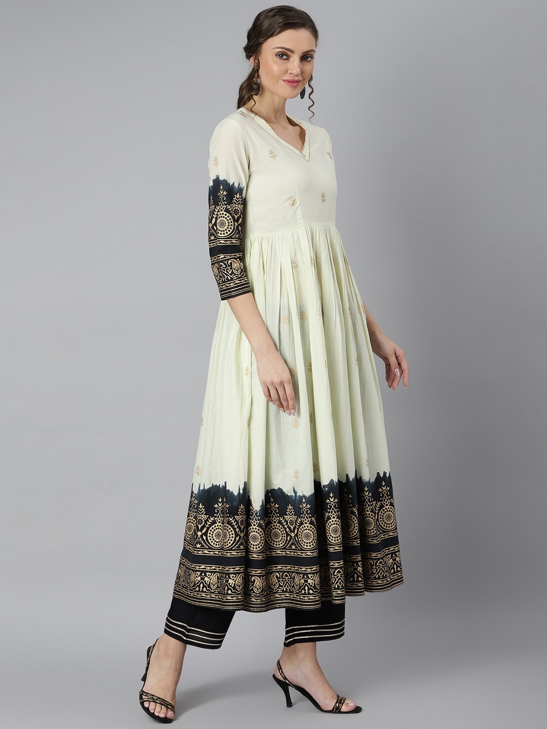 Khushal K Women Cream-Coloured & Black Printed Kurta with Palazzos & Dupatta - Distacart
