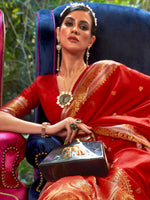 Thumbnail for Mitera Red & Gold-Toned Woven Design Zari Silk Blend Banarasi Saree - Distacart