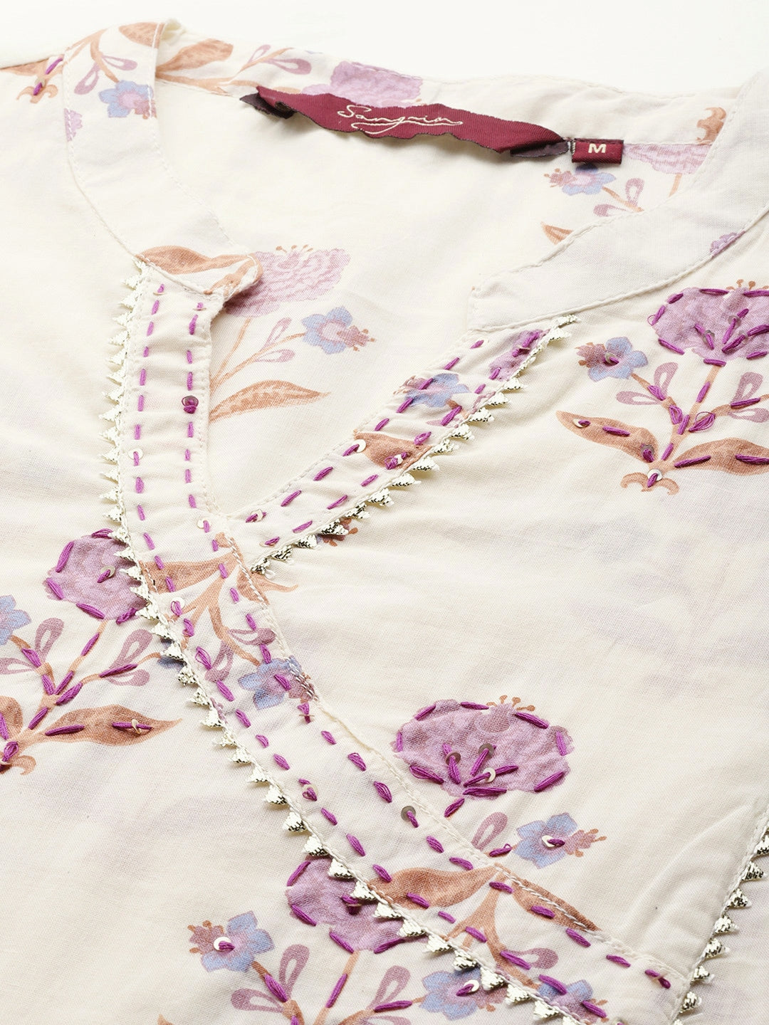 Sangria Women Floral Printed Regular Sequinned Pure Cotton Kurta with Trousers - Distacart