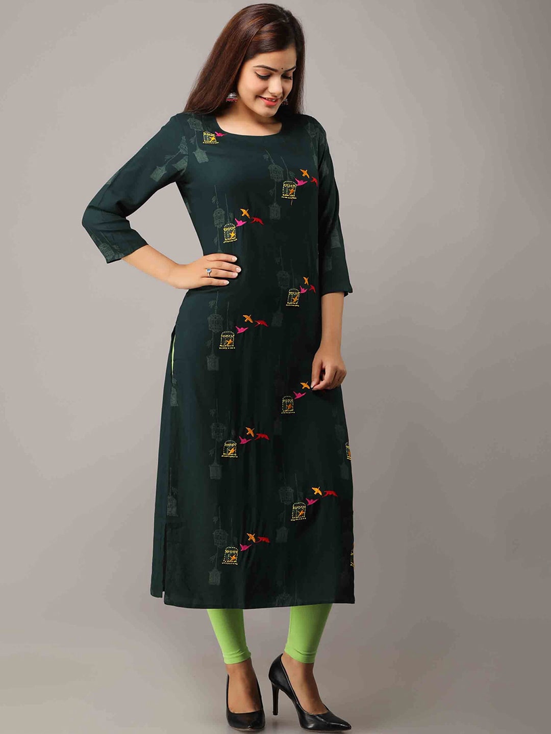 Kalini Women Green Printed Thread Work Kurta - Distacart