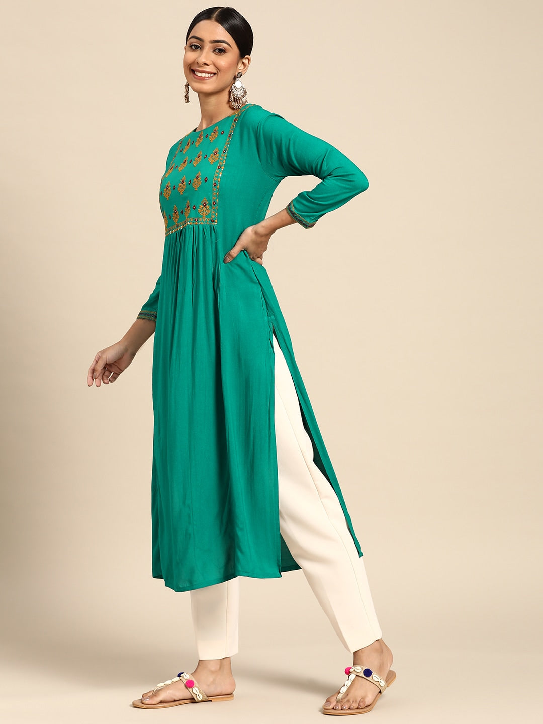 Sangria Women Green Floral Embroidered Mirror Work Kurta - Distacart