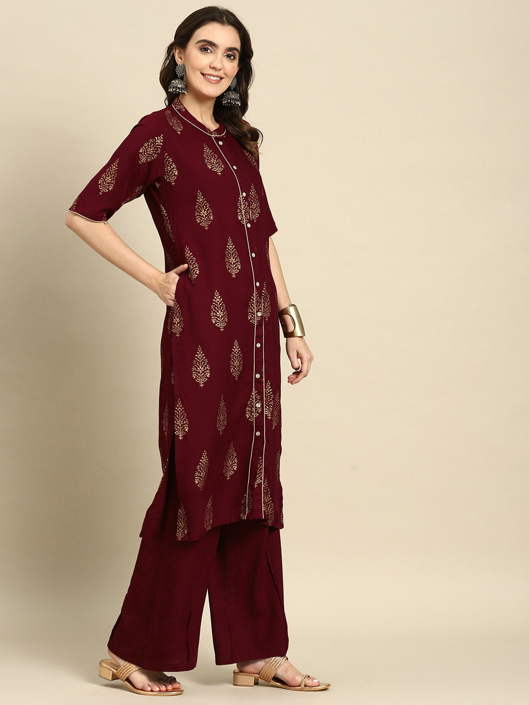 Sangria Ethnic Motifs Printed Pure Cotton Kurta With Palazzos - Distacart