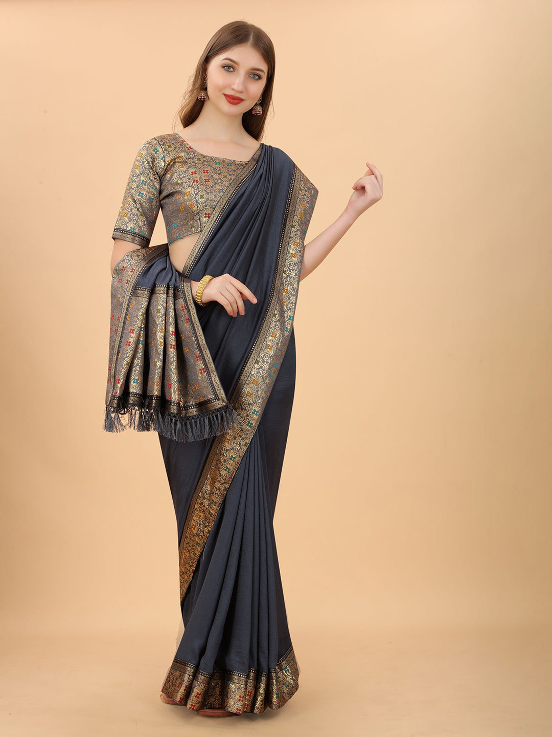 Kalini Grey & Red Zari Pure Silk Saree - Distacart