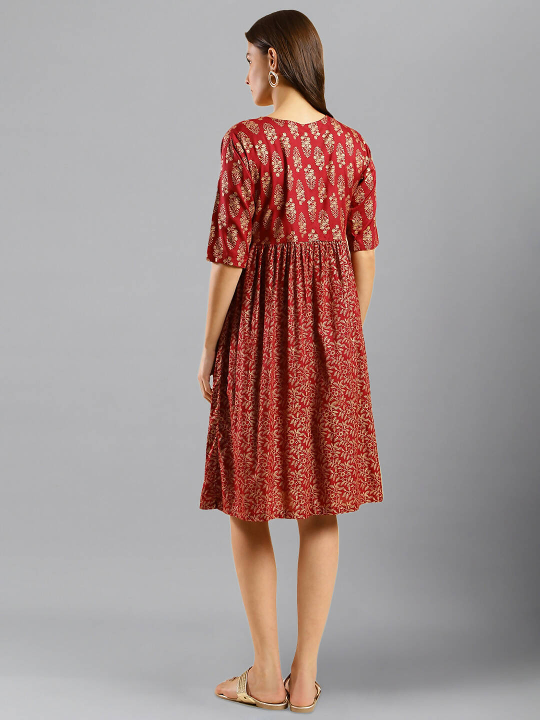 Red Cotton Ethnic Motifs Aline Dress - Poonam - Distacart