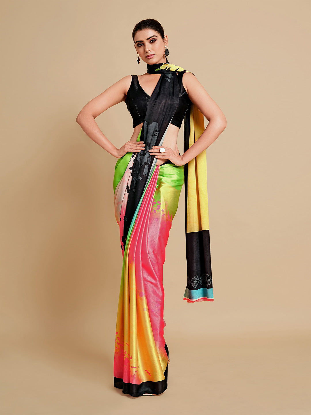 Sangria Lime Green & Blue Satin Saree - Distacart