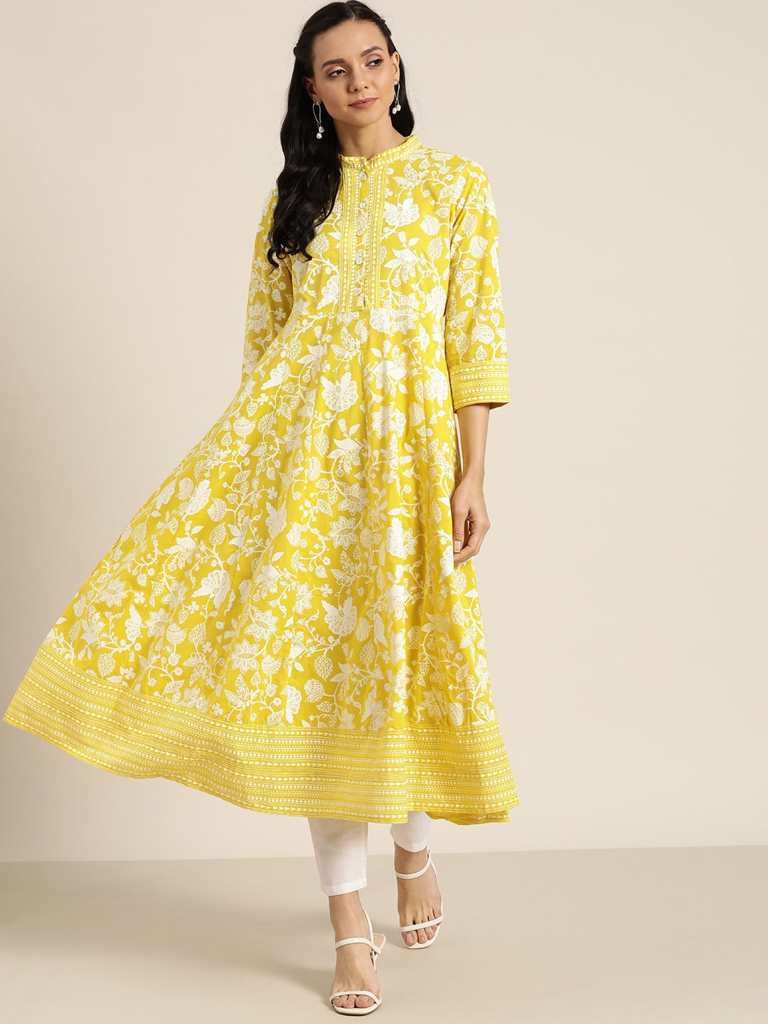 Sangria Women Yellow & White Ethnic Motifs Print Pure Cotton Anarkali Kurta - Distacart