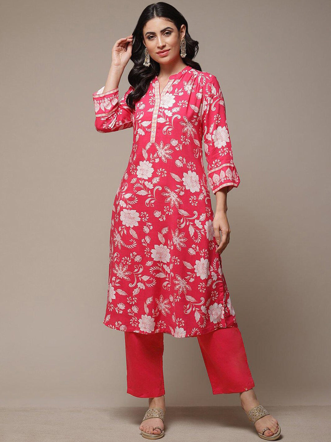 Biba Mandarin Collar Floral Printed A-Line Kurta - Distacart
