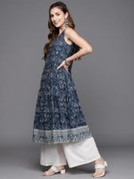 Thumbnail for Biba Women Navy Blue & White Ethnic Motifs Printed Anarkali Cotton Kurta - Distacart