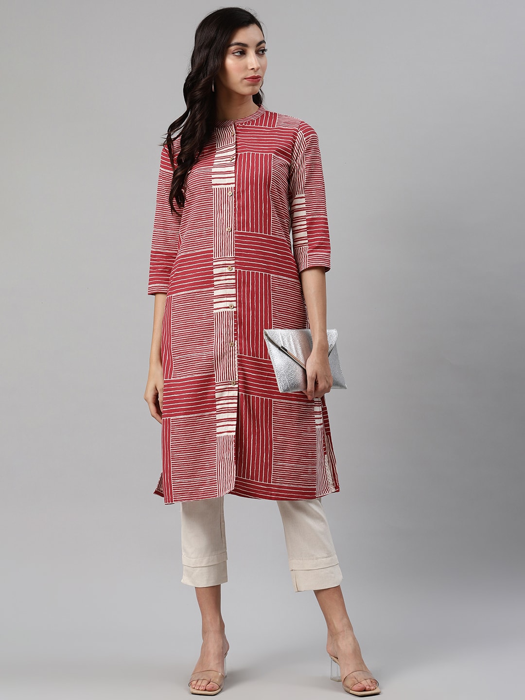 Biba Women Maroon & Off-White Striped Kurta with Trousers - Distacart