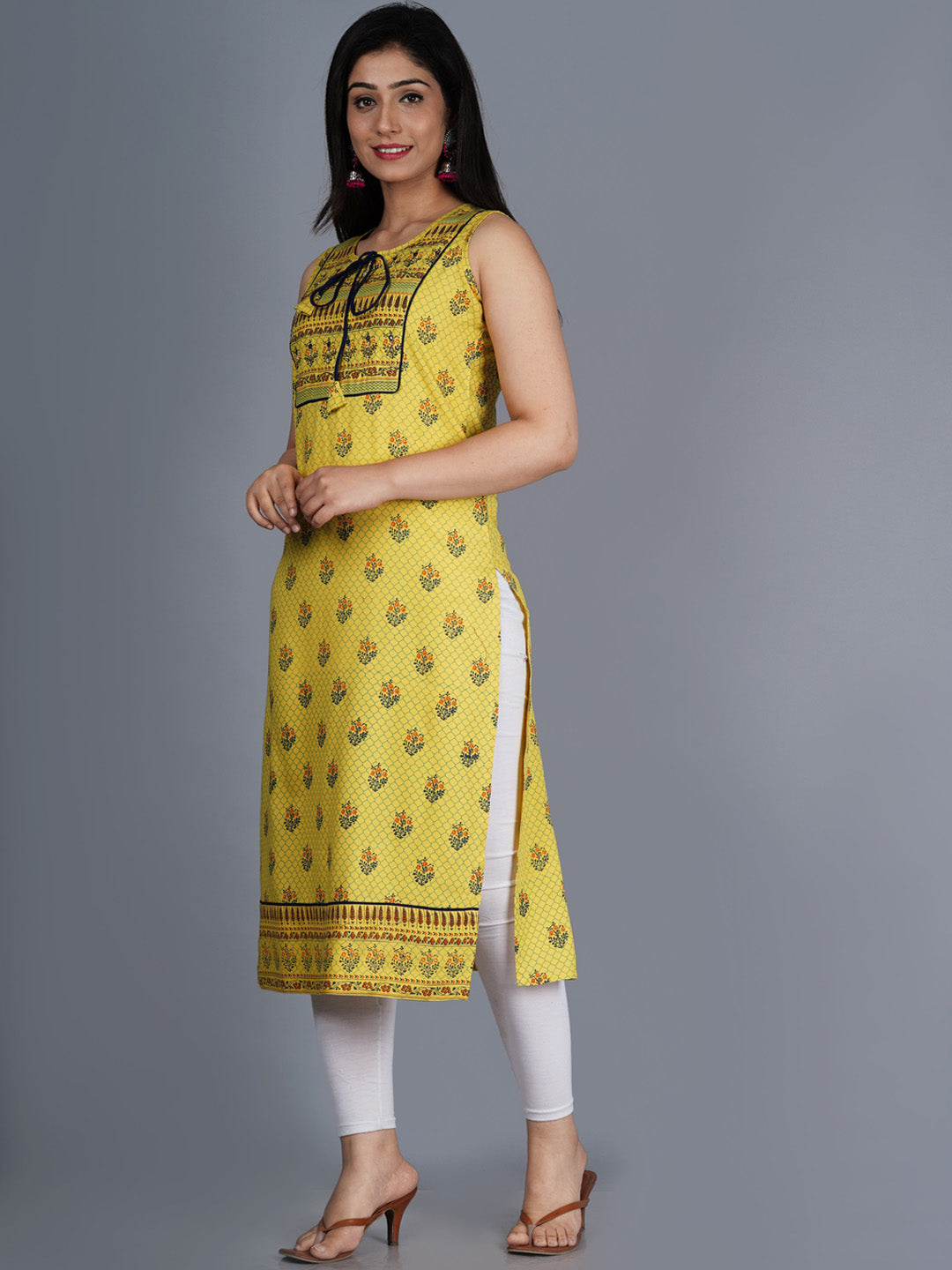 Kalini Women Mustard Yellow Quirky Printed Mirror Work Kurta - Distacart