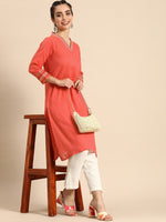 Thumbnail for Sangria Women Coral Orange Solid Pure Cotton Kurta - Distacart