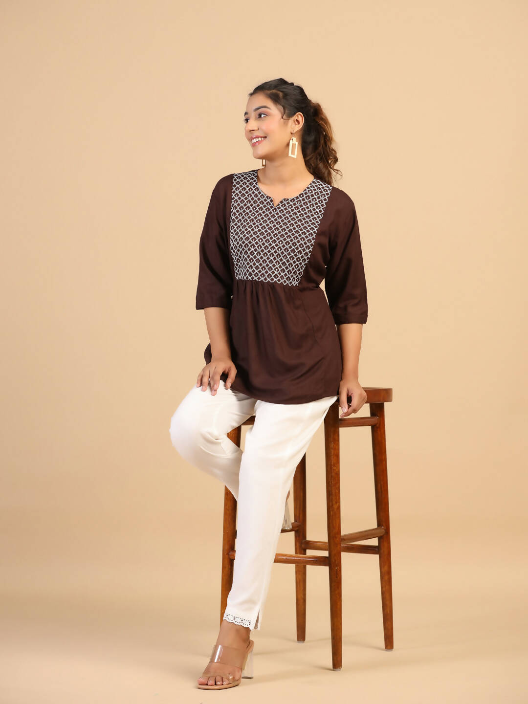 Womens Brown Rayon Yoke Embroidered Top - Keeva - Distacart