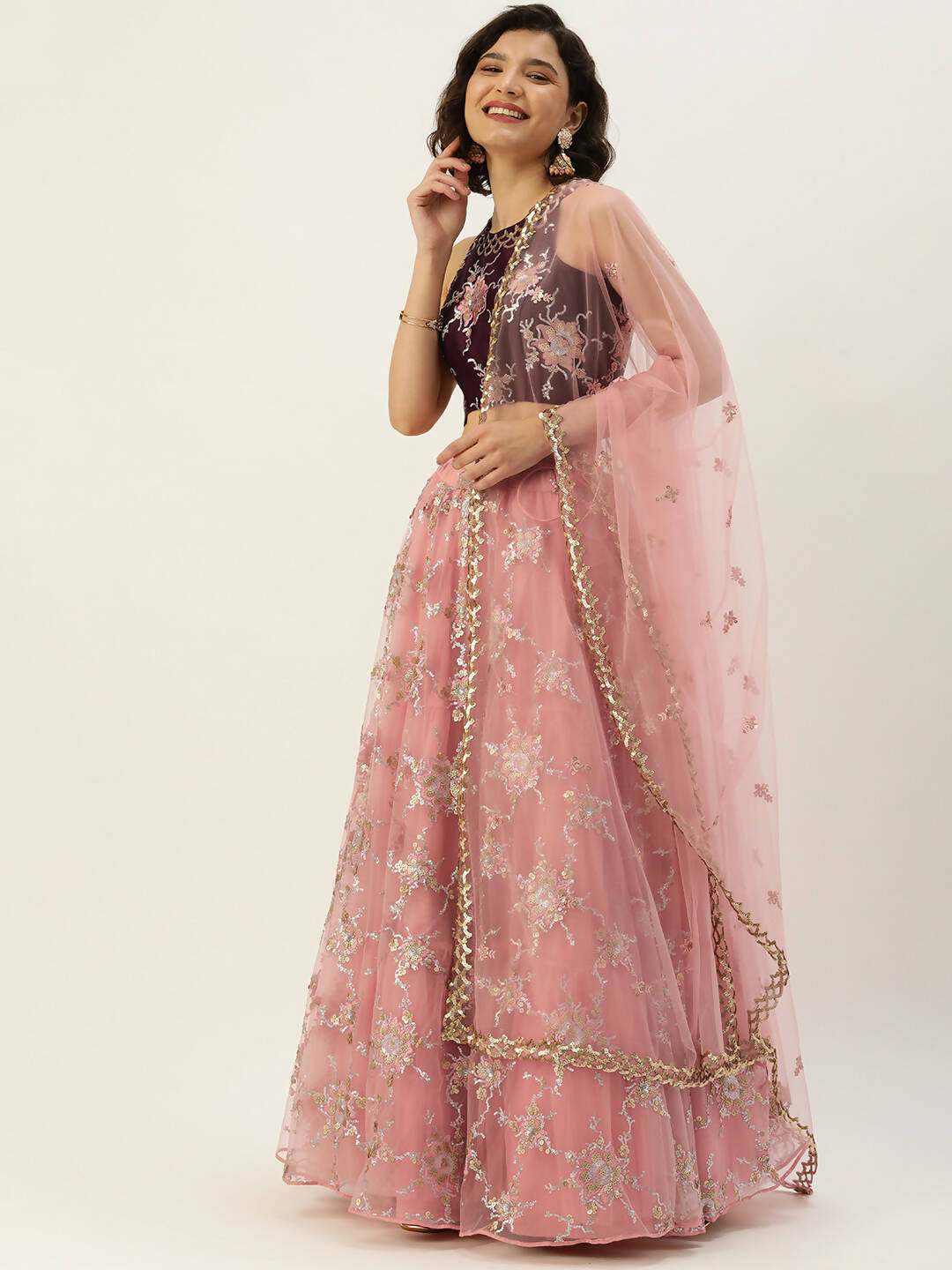 House of Panchhi Pink Net Sequins Embroideried Lehenga - Distacart