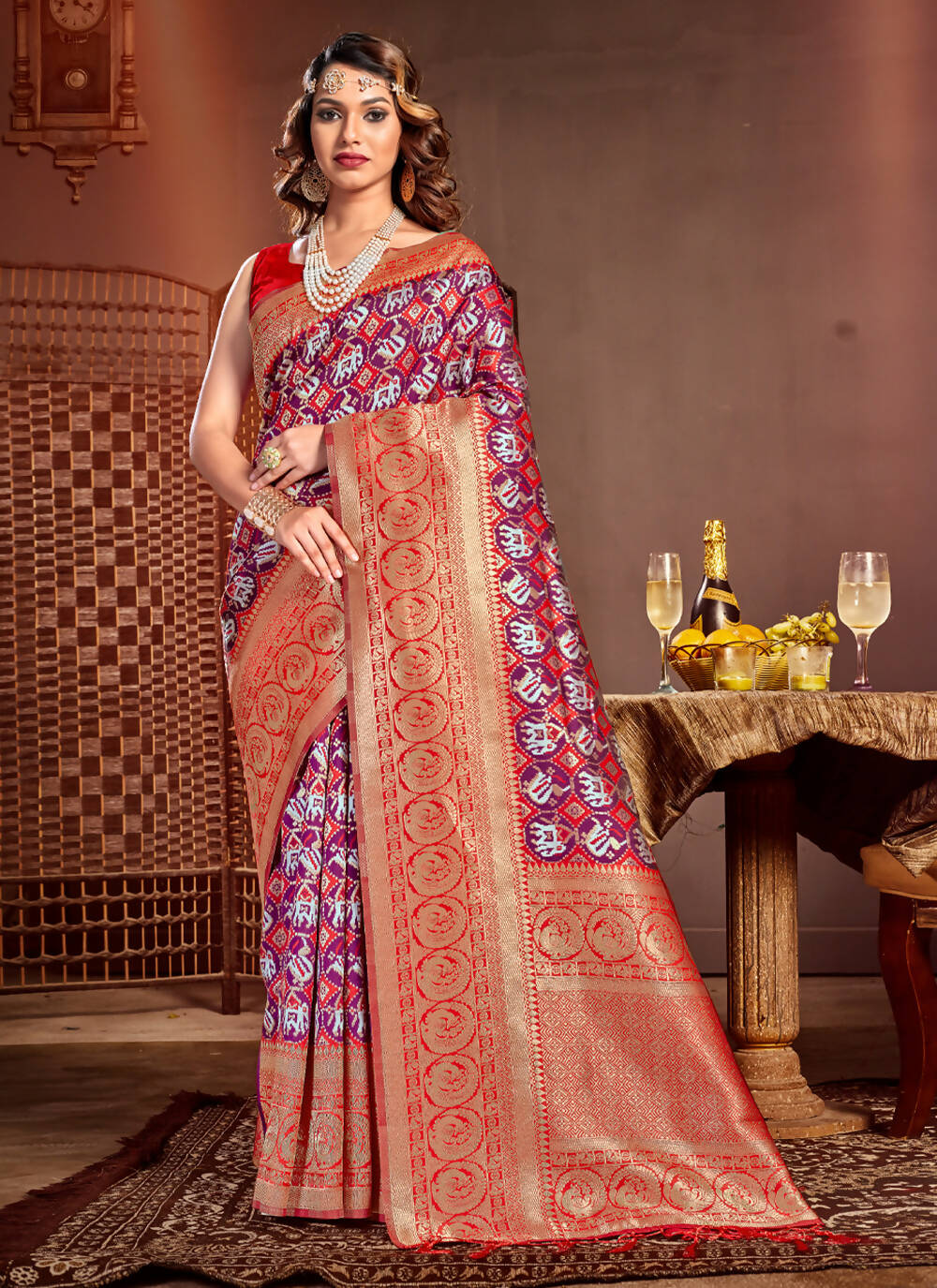 Purple Patola Silk Zari Woven Design Saree with Unstitched Blouse Piece - Aachal - Distacart