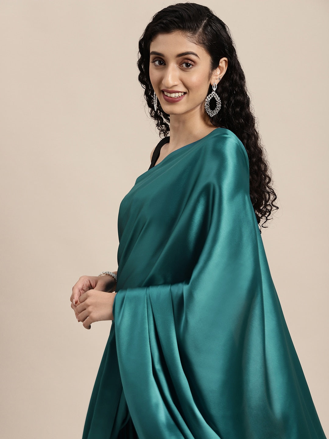 Mitera Teal Blue Solid Satin Saree - Distacart
