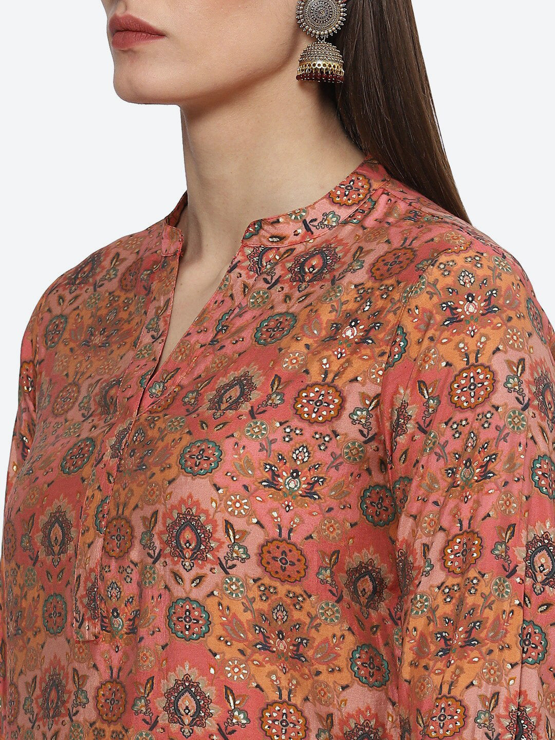Biba Mandarin Collar Ethnic Motifs Printed A-Line Kurta - Distacart
