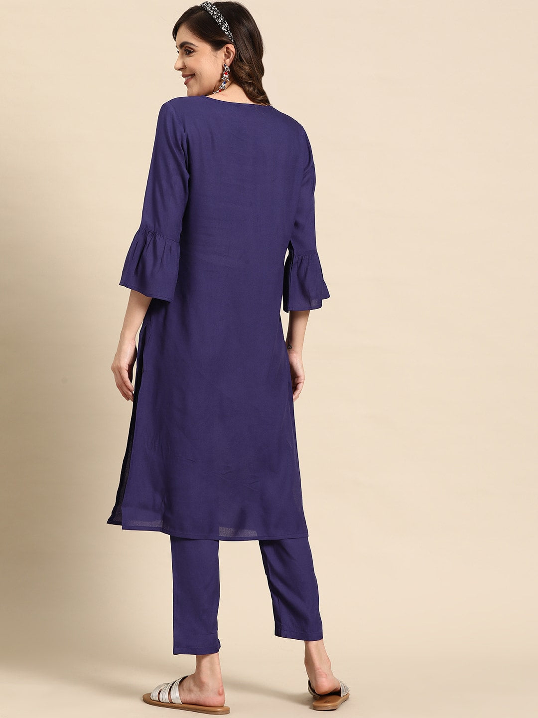 Sangria Bell Sleeves Solid Straight Kurta With Trousers - Distacart
