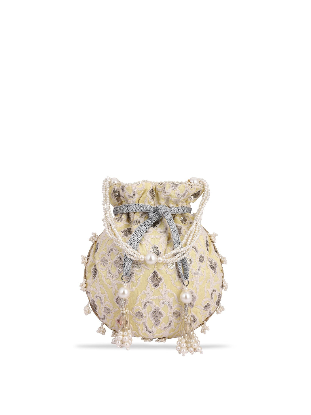 Masq Women Yellow & Grey Embellished Embroidered Potli Clutch - Distacart