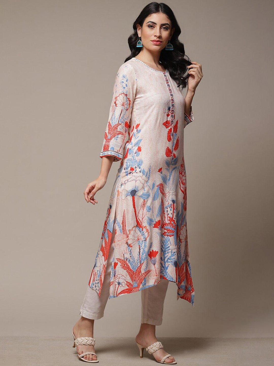 Biba Floral Printed Thread Work Beads Detail A-Line Asymmetric Kurta - Distacart