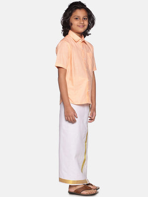 Sethukrishna Boys Orange & White Solid Cotton Shirt & Dhoti Set - Distacart