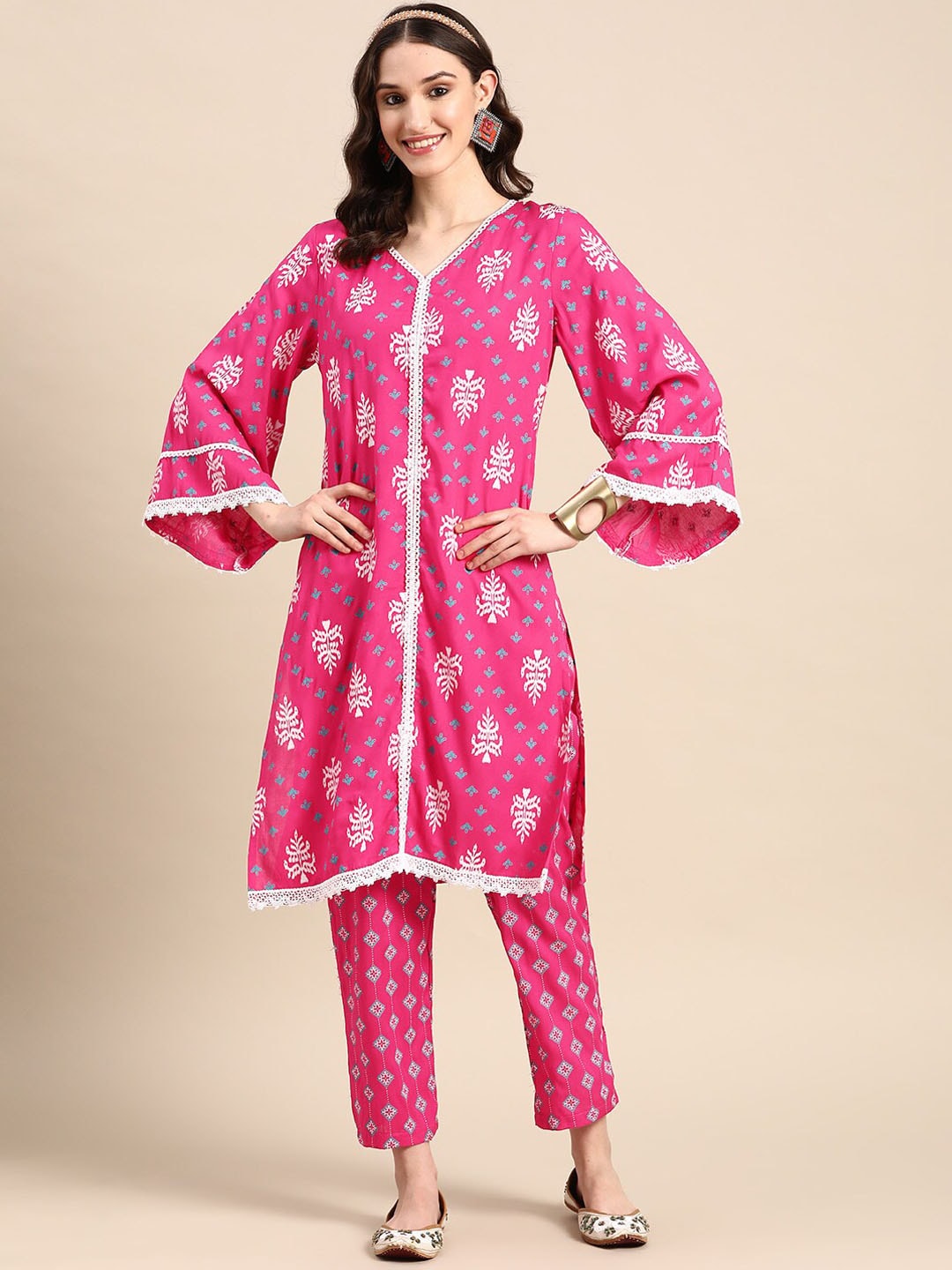 Sangria Pink Ethnic Motifs Printed Pure Cotton Kurta With Trouser - Distacart