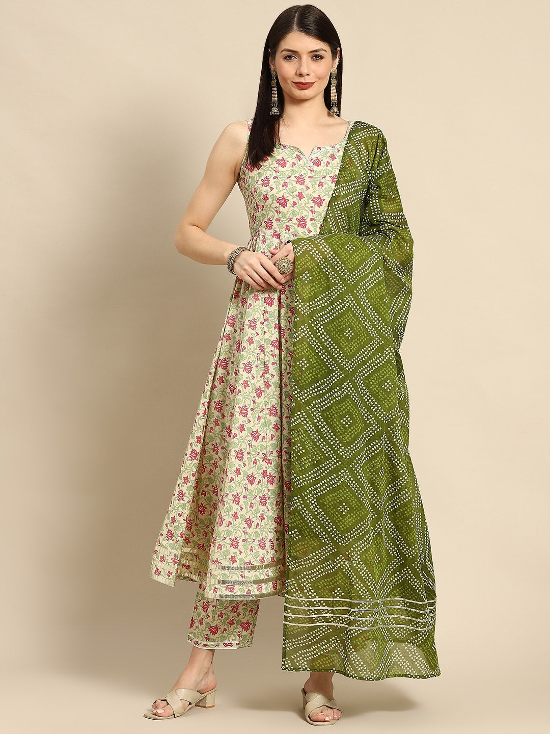 Anayna Women Cream-Coloured Ethnic Motifs Pure Cotton Kurta with Trousers & Dupatta - Distacart