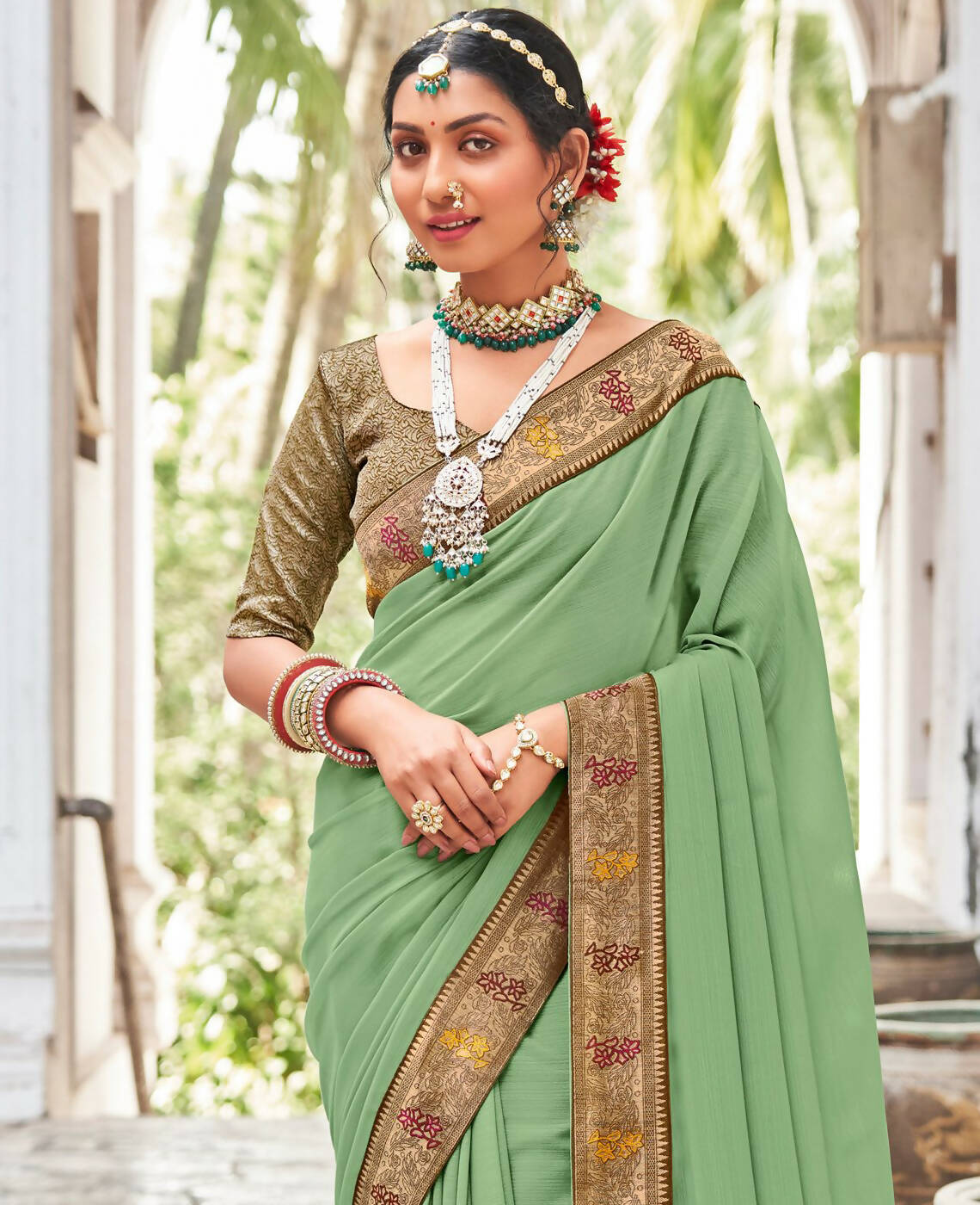 Green Vichitra Solid Saree With Unstitched Blouse Piece - Juhi - Distacart