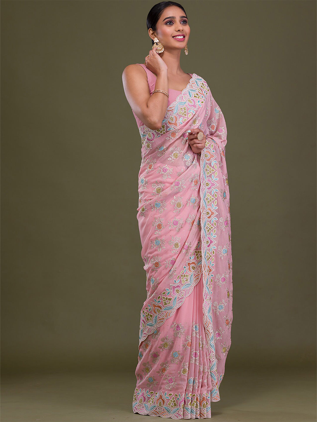 Koskii Floral Embroidered Beads and Stones Saree - Distacart