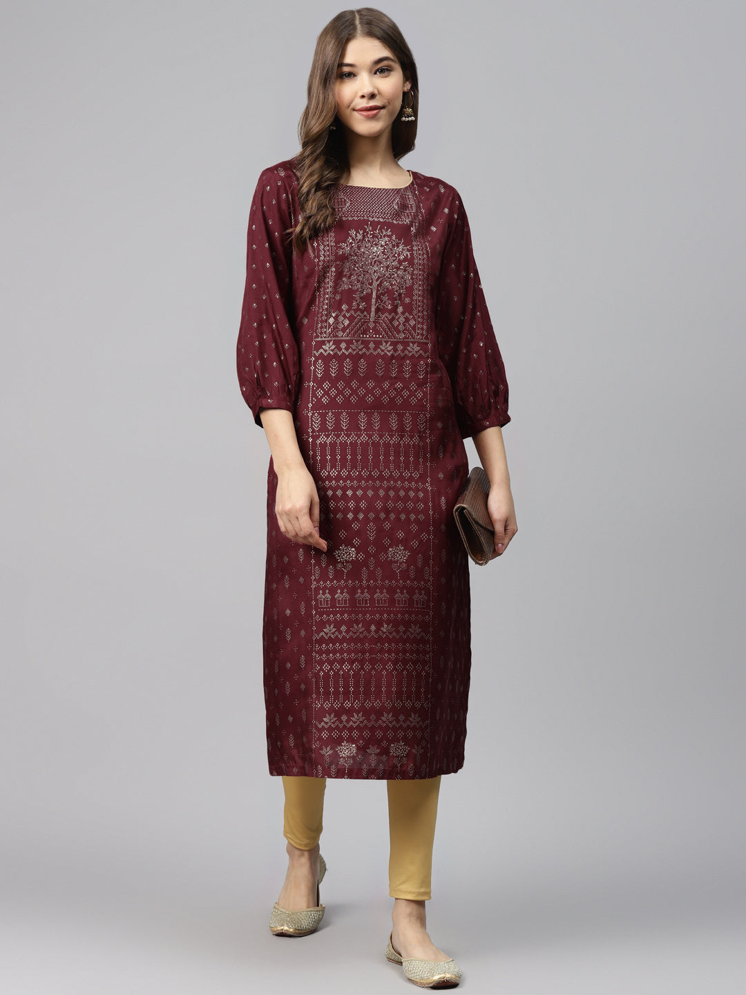 Biba Women Maroon & Golden Printed Straight Kurta - Distacart
