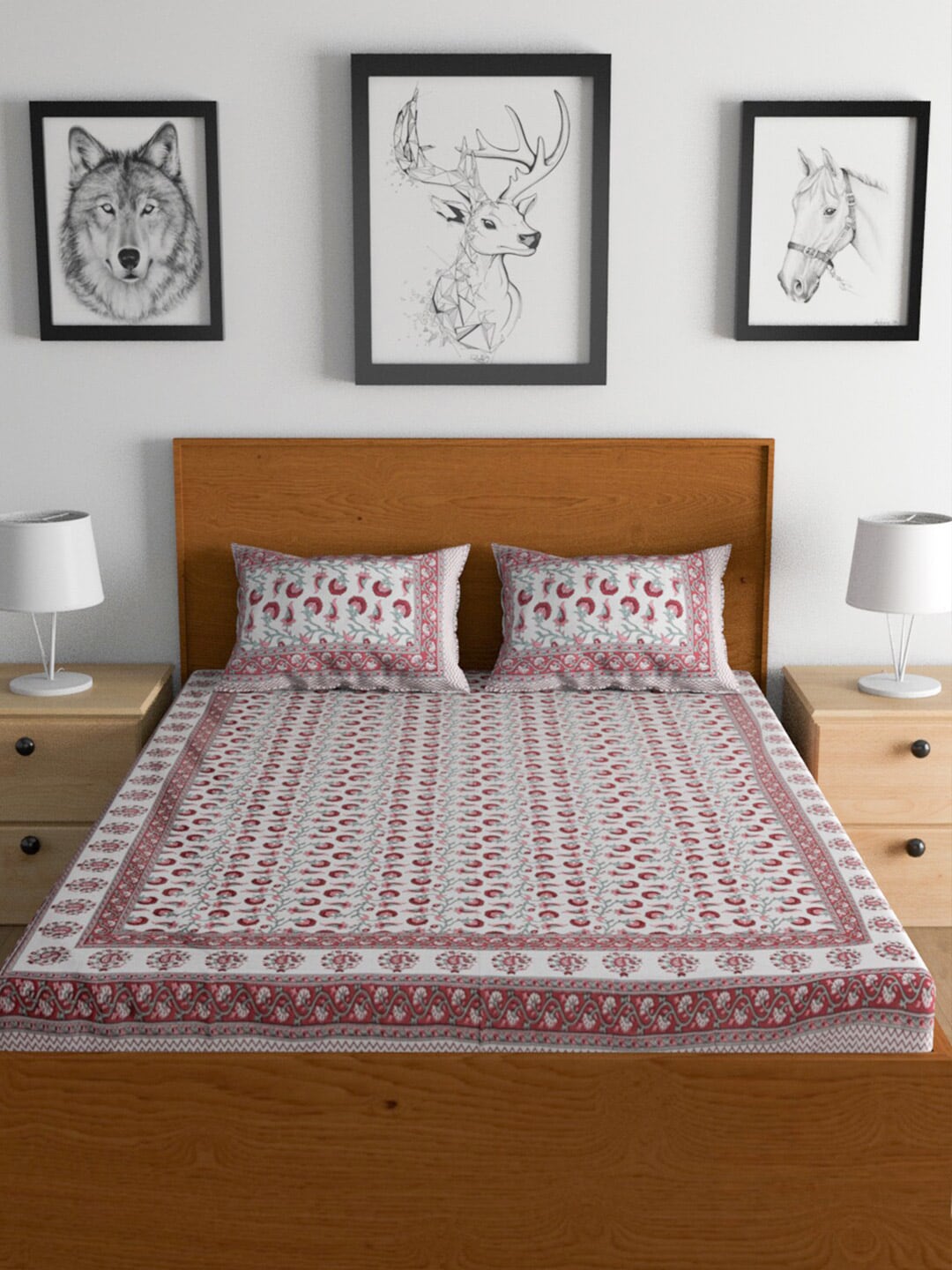 Urban Magic Pink & White Ethnic Motifs Cotton 104 TC King Bedsheet & 2 Pillow Covers - Distacart
