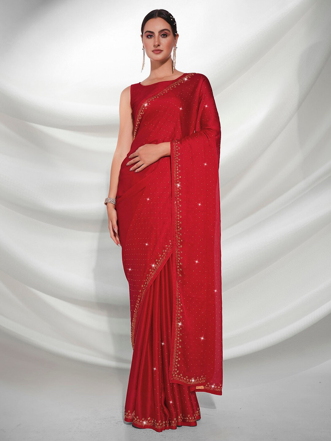 Mitera Red Embellished Beads and Stones Satin Saree - Distacart
