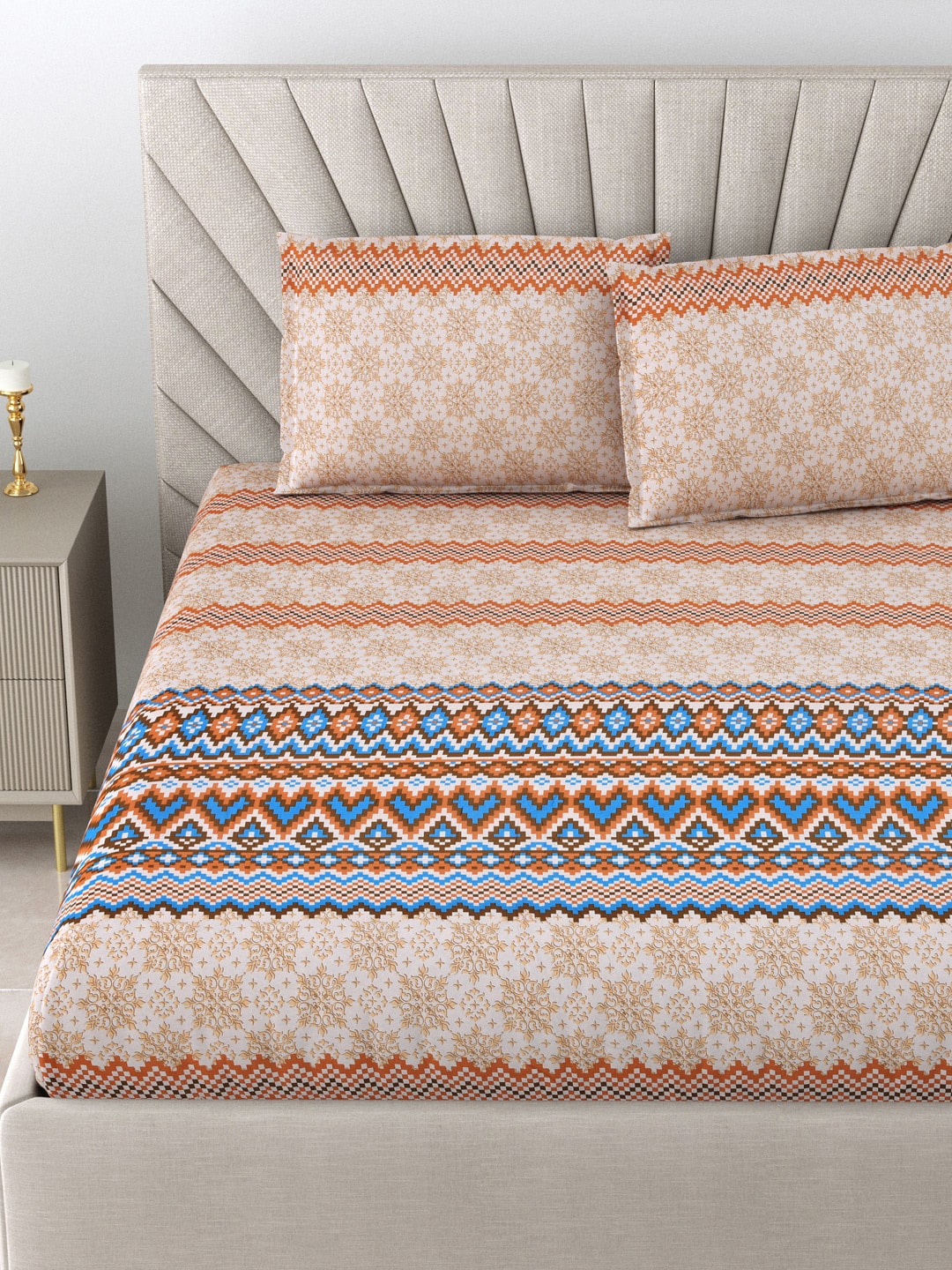 BOMBAY DYEING Brown & Blue Ethnic Motifs Cotton 250 TC King Bedsheet With 2 Pillow Covers - Distacart