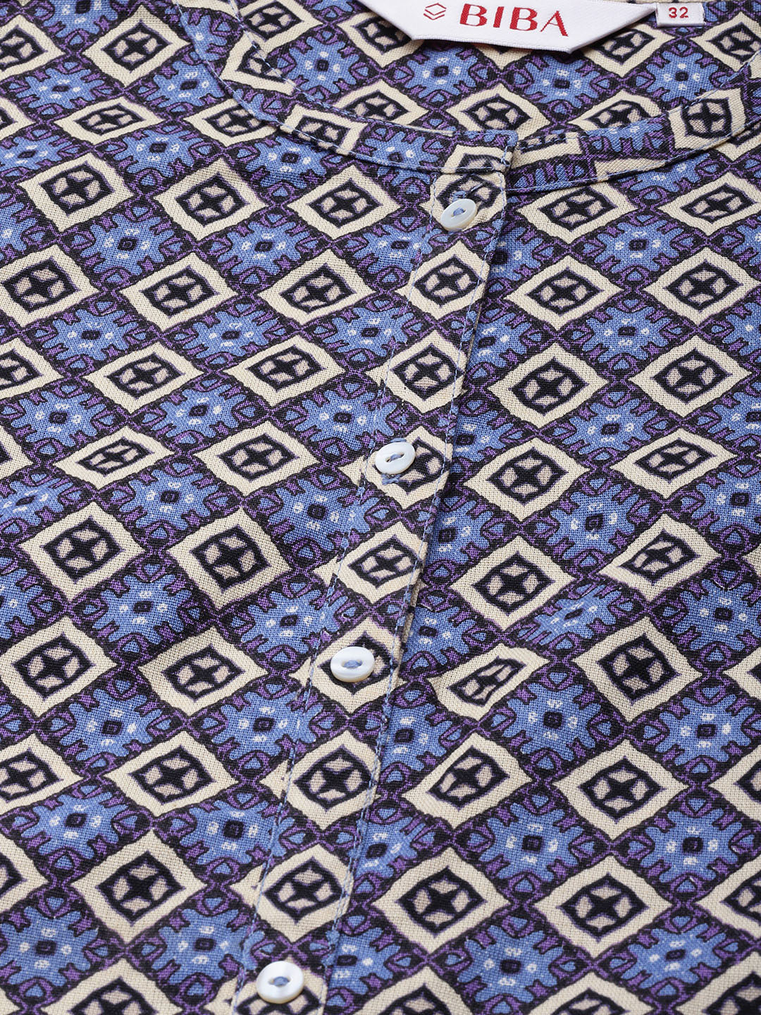 Biba Women Blue & Off White Geometric Printed Kurta - Distacart