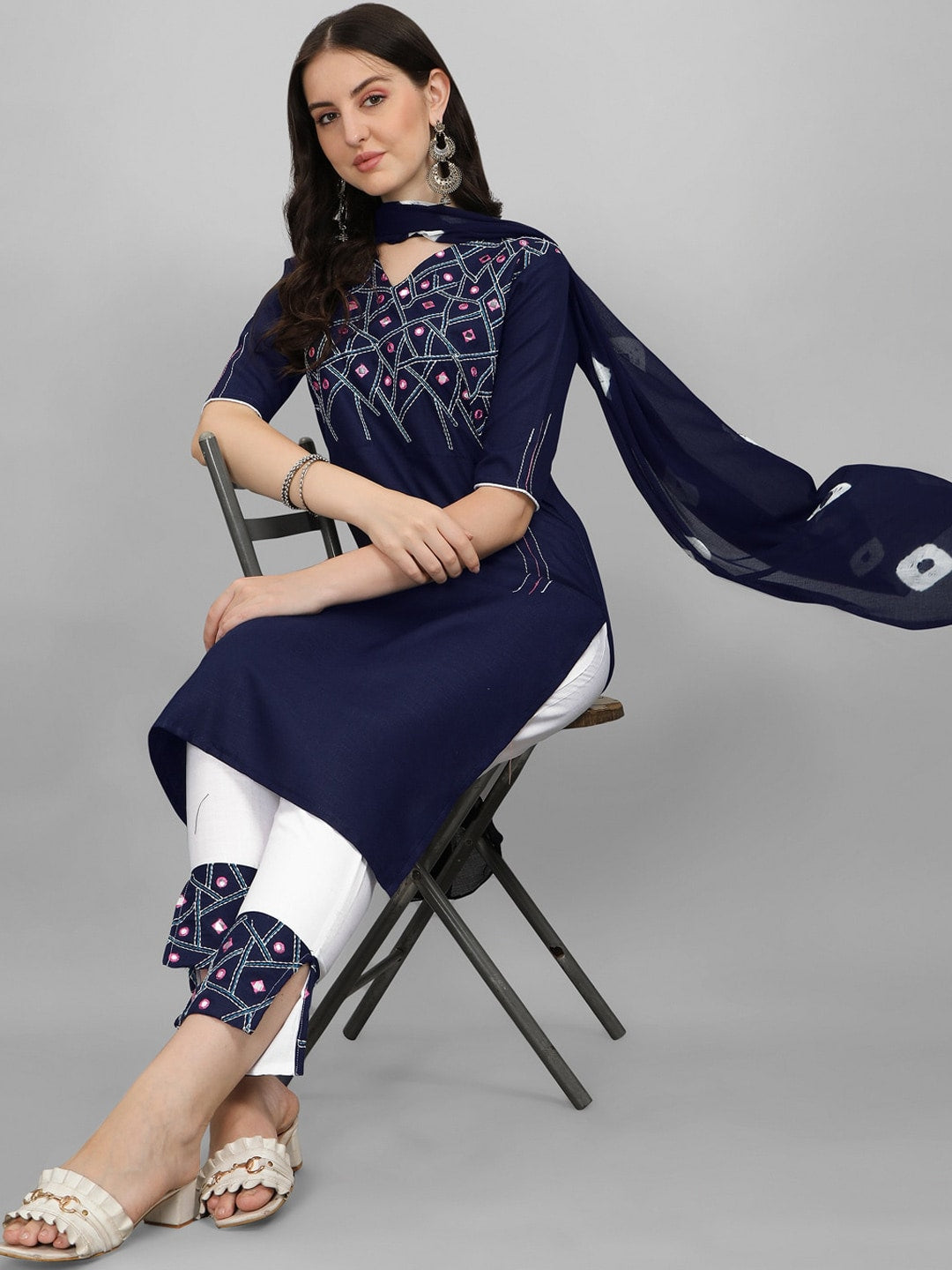 Kalini Women Navy Blue Embroidered Mirror Work Kurta with Trousers - Distacart