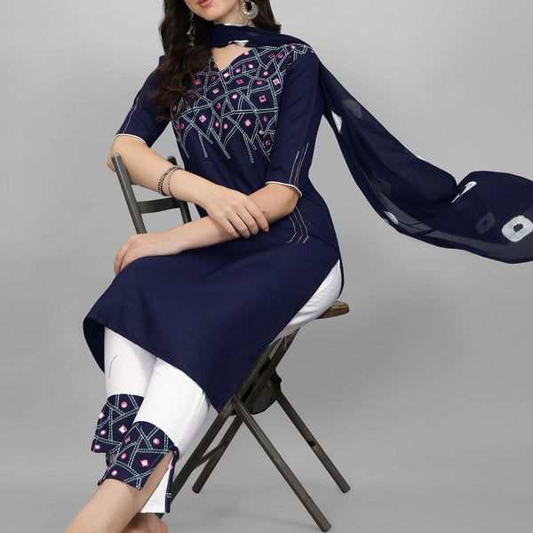 Kalini Women Navy Blue Embroidered Mirror Work Kurta with Trousers - Distacart