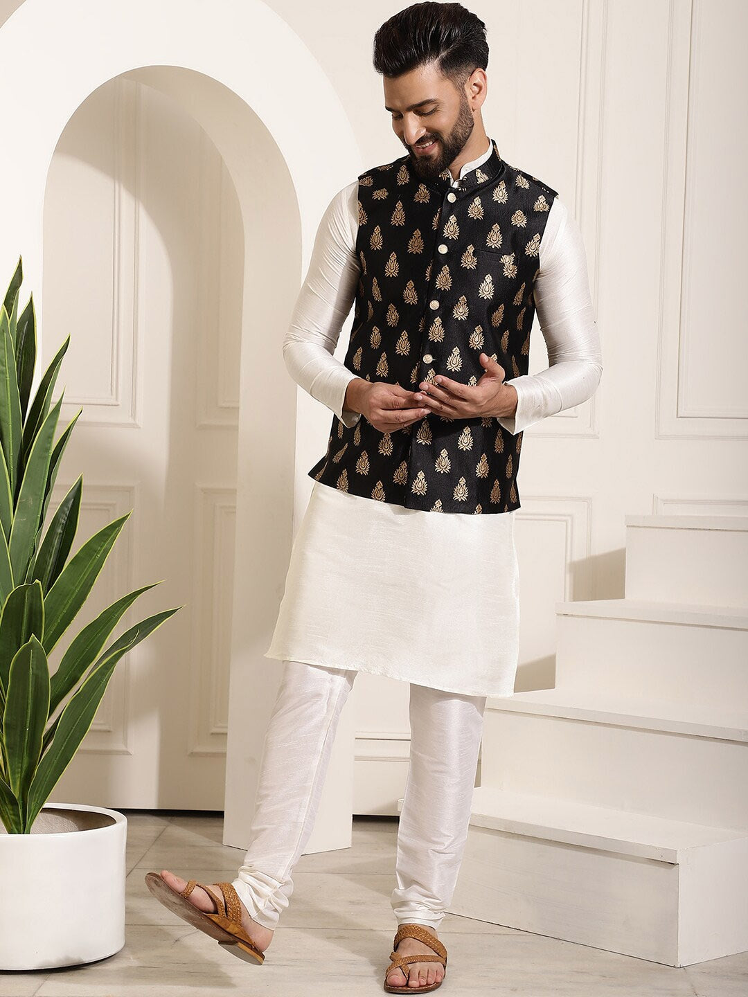 Sojanya Band Collar Straight Kurta & Churidar with Nehru jacket - Distacart