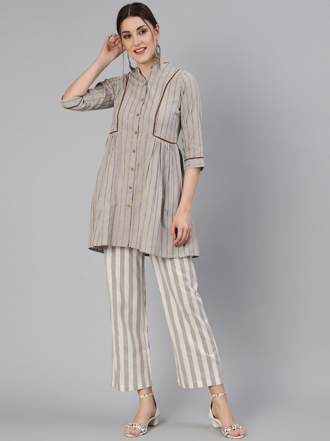 Jaipur Kurti Women Grey Striped Co-Ords - Distacart