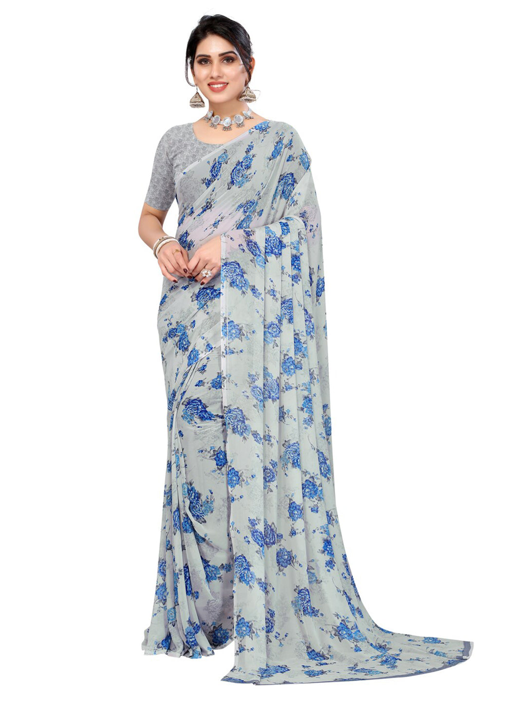 Kalini Grey & Blue Floral Pure Georgette Saree - Distacart