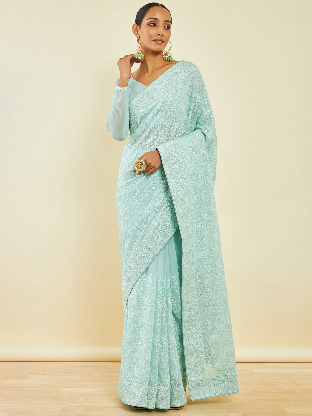 Soch Turquoise Blue Floral Embroidered Saree - Distacart