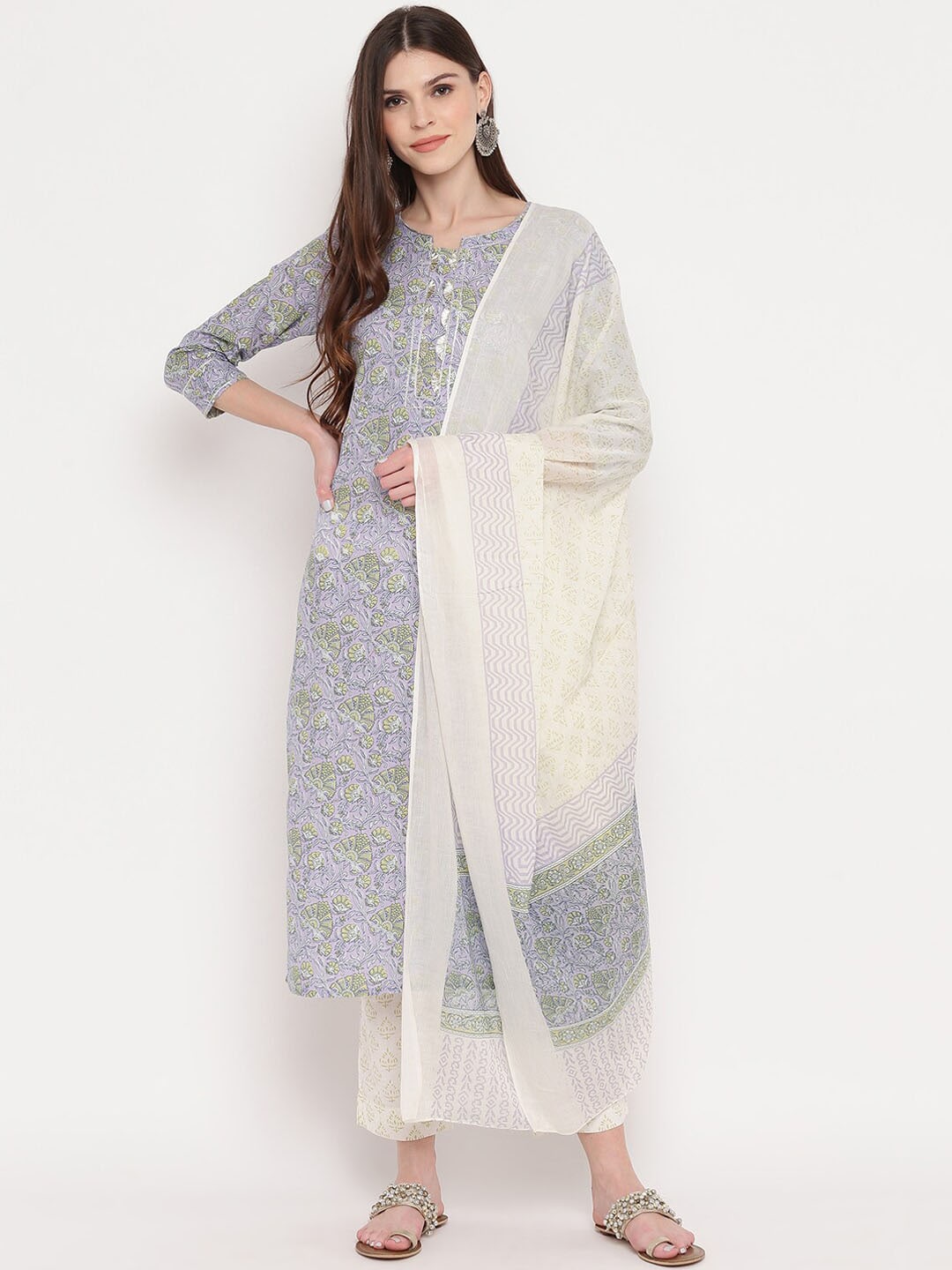 Kalini Women Lavender Floral Printed Panelled Gotta Patti Pure Cotton Kurta Set - Distacart