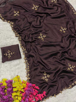 Thumbnail for Mitera Brown & Gold-Toned Floral Embroidered Saree - Distacart