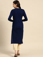 Thumbnail for Sangria Women Navy Blue & White Floral Acrylic Straight Winter Kurta - Distacart