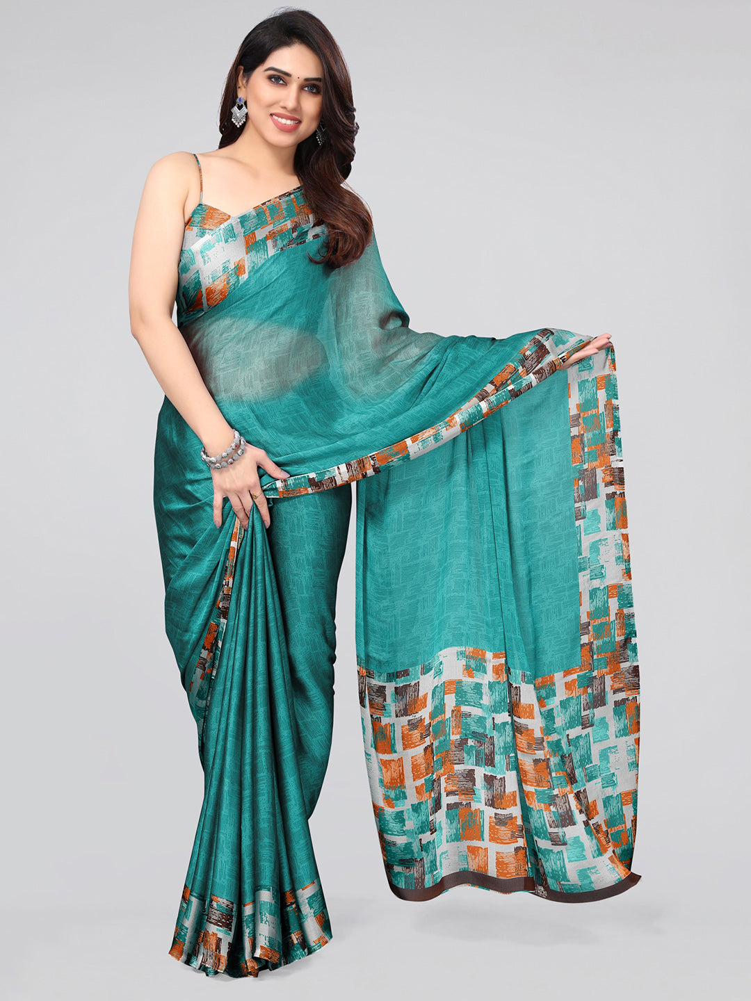 Kalini Teal & Grey Chiffon Saree - Distacart