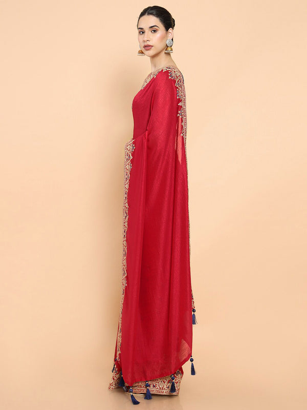 Soch Maroon & Black Floral Embroidered Silk Blend Saree - Distacart