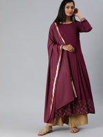 Thumbnail for Kalini Women Burgundy Panelled Kurta with Palazzo & With Dupatta Set - Distacart