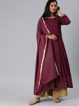 Kalini Women Burgundy Panelled Kurta with Palazzo & With Dupatta Set - Distacart