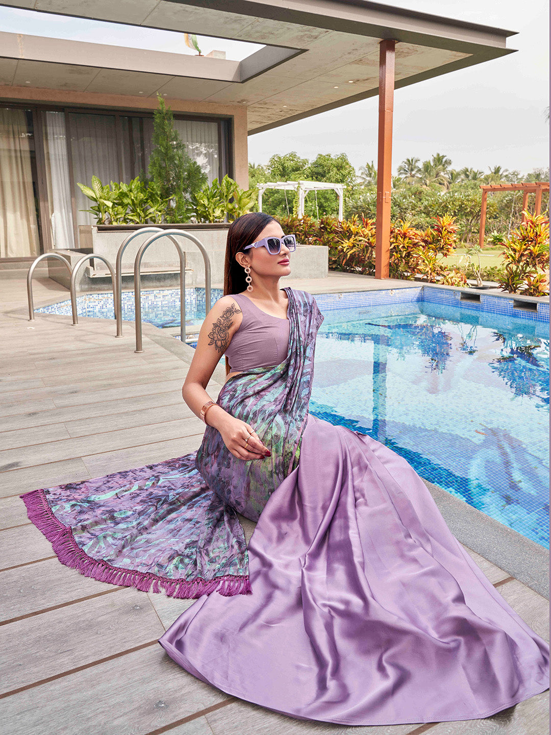 Tikhi Imli Mauve Abstract Printed Satin Half and Half Saree - Distacart