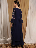 Thumbnail for Kalini Women Navy Blue Floral Embroidered Thread Work Kurta with Sharara - Distacart